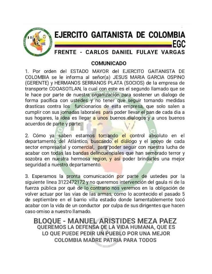 Panfleto del Clan del Golfo contra la empresa Cooasoatlan.