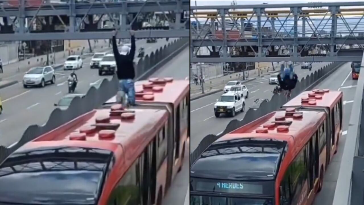 El sujeto hizo una arriesgada maniobra para caer sobre el bus.