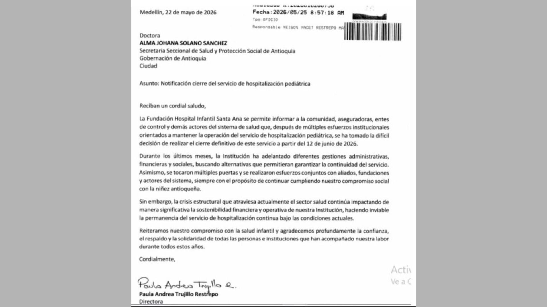 La Fundación Hospital Infantil Santa Ana confirmó mediante un comunicado el cierre definitivo del servicio de hospitalización pediátrica en Medellín.