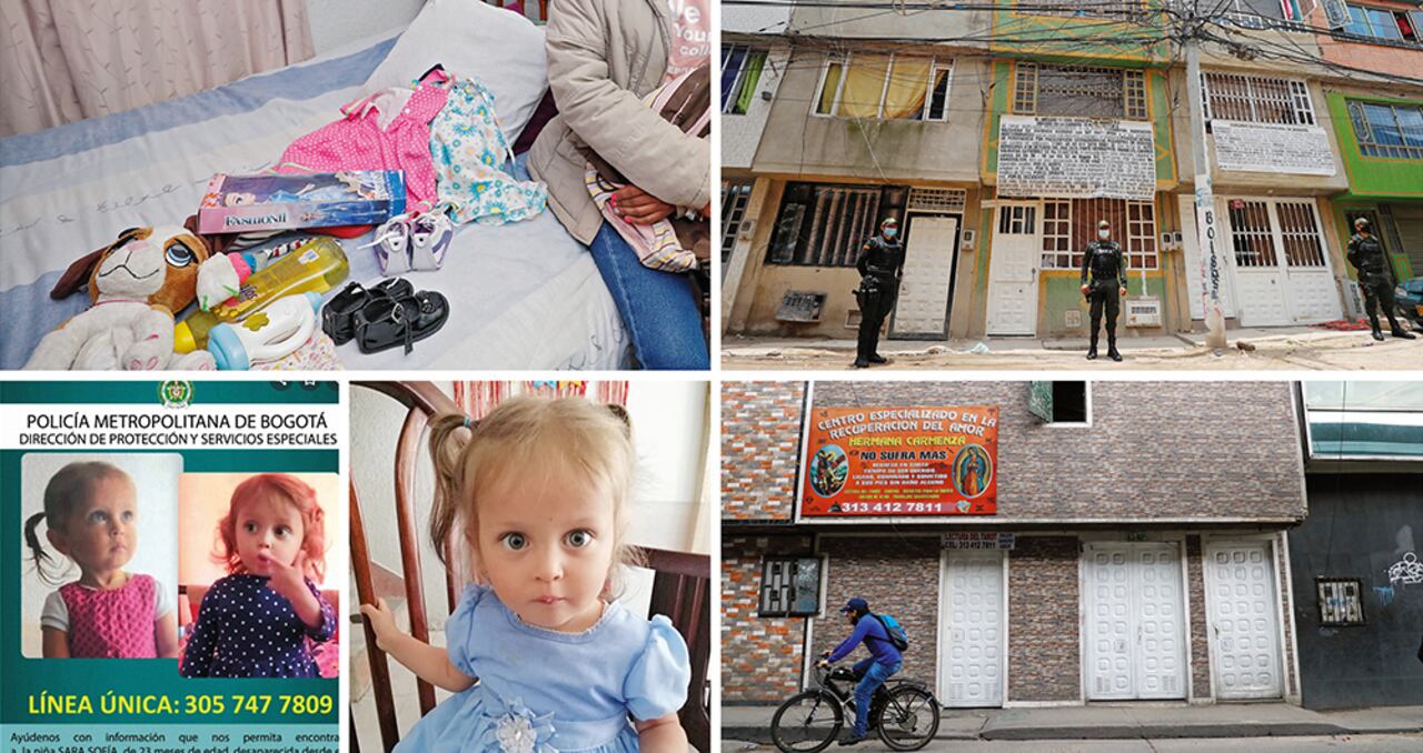 Esta es la ropita de Sara y algunos de sus juguetes, en la casa de su tía Xiomara, donde la niña vivía por cuenta de los maltratos de su madre. En la vivienda de arriba fue capturado Nilson Díaz. En ese lugar habría fallecido Sara. En la foto de abajo, el pagadiario donde dormía Carolina y fue capturada. Al lado, el cartel usado por la Policía para encontrar a la niña.