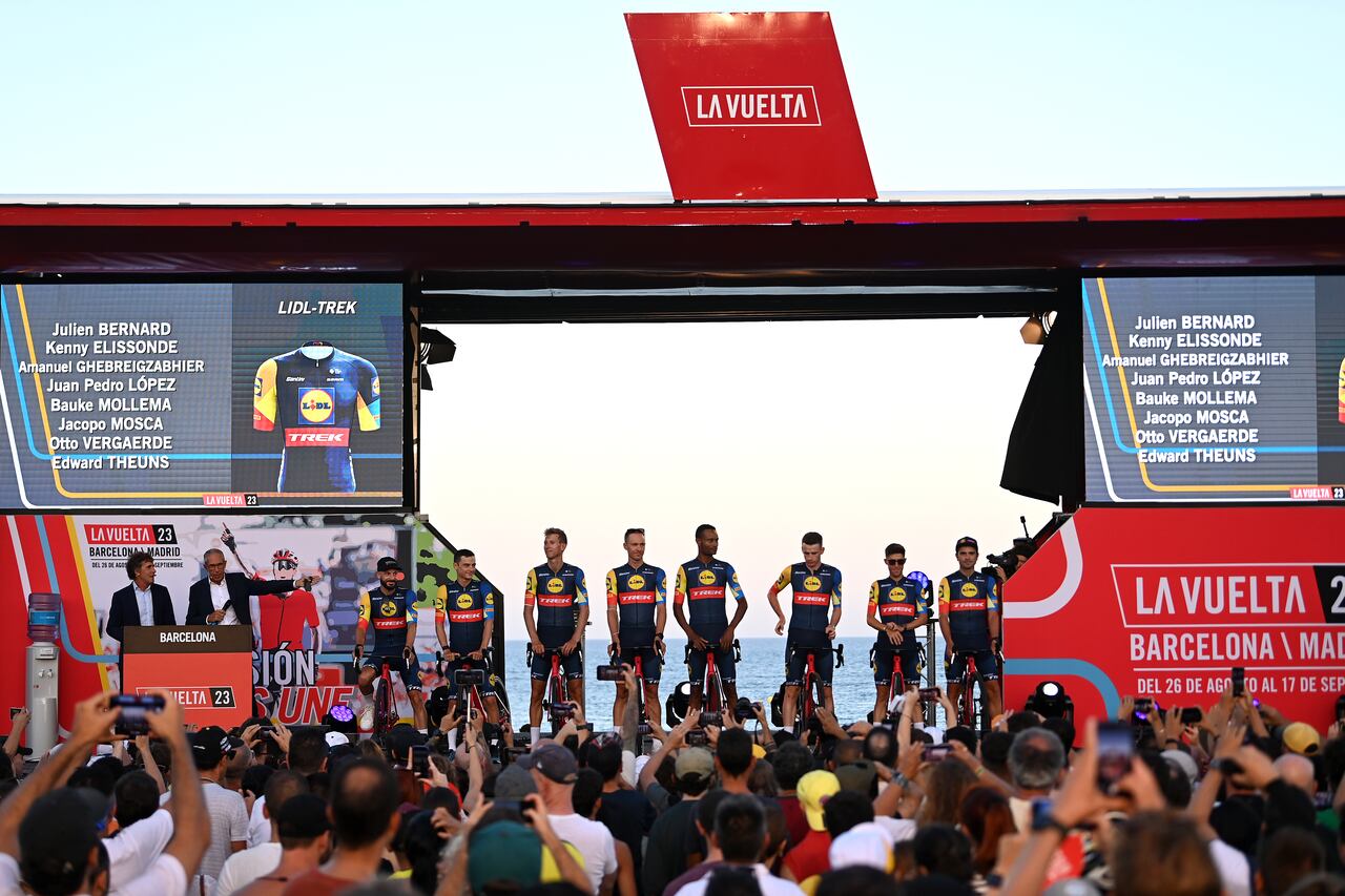 BARCELONA, SPAIN - AUGUST 24: Julien Bernard of France, Kenny Elissonde of France, Amanuel Ghebreigzabhier of Eritrea, Juan Pedro Lopez of Spain, Bauke Mollema of The Netherlands, Jacopo Mosca of Italy, Edward Theuns of Belgium, Otto Vergaerde of Belgium and Team Lidl-Trek during the Team Presentation ahead of the 78th Tour of Spain 2023 / #UCIWT / on August 24, 2023 in Barcelona, Spain. (Photo by Tim de Waele/Getty Images)