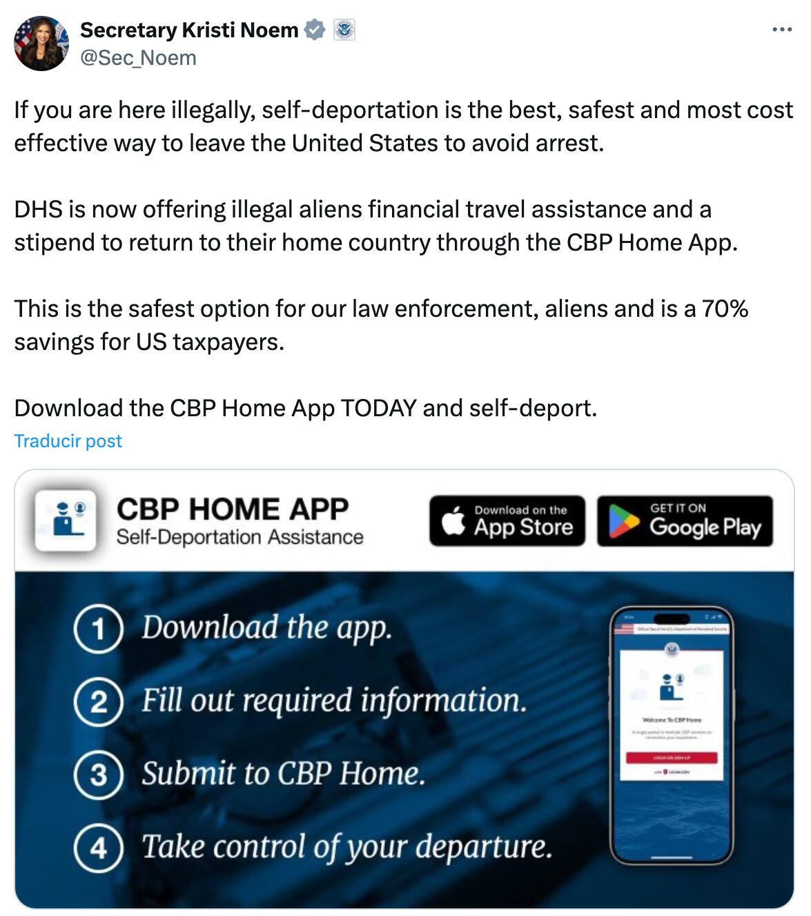 El mensaje fue emitido por la secretaria Kristi Noem