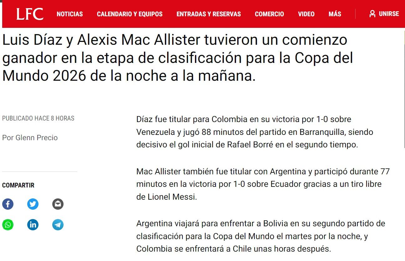 Liverpool destacó a Luis Díaz con la Selección Colombia.