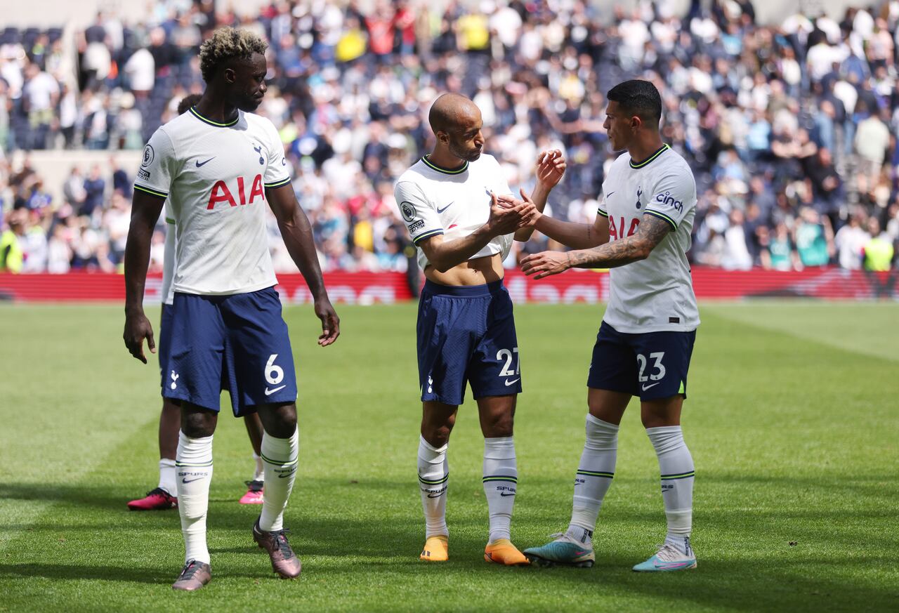 LONDON, ENGLAND - MAY 20: Davinson Sanchez, Lucas Moura and Pedro Porro of Tottenham Hotspur during the Premier League match between Tottenham Hotspur and Brentford FC at Tottenham Hotspur Stadium on May 20, 2023 in London, England. (Photo by Tottenham Hotspur FC/Tottenham Hotspur FC via Getty Images)