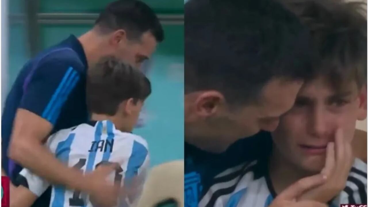 Lionel Scaloni junto con su hijo Ian una vez finalizó el partido entre Argentina y Países Bajos.