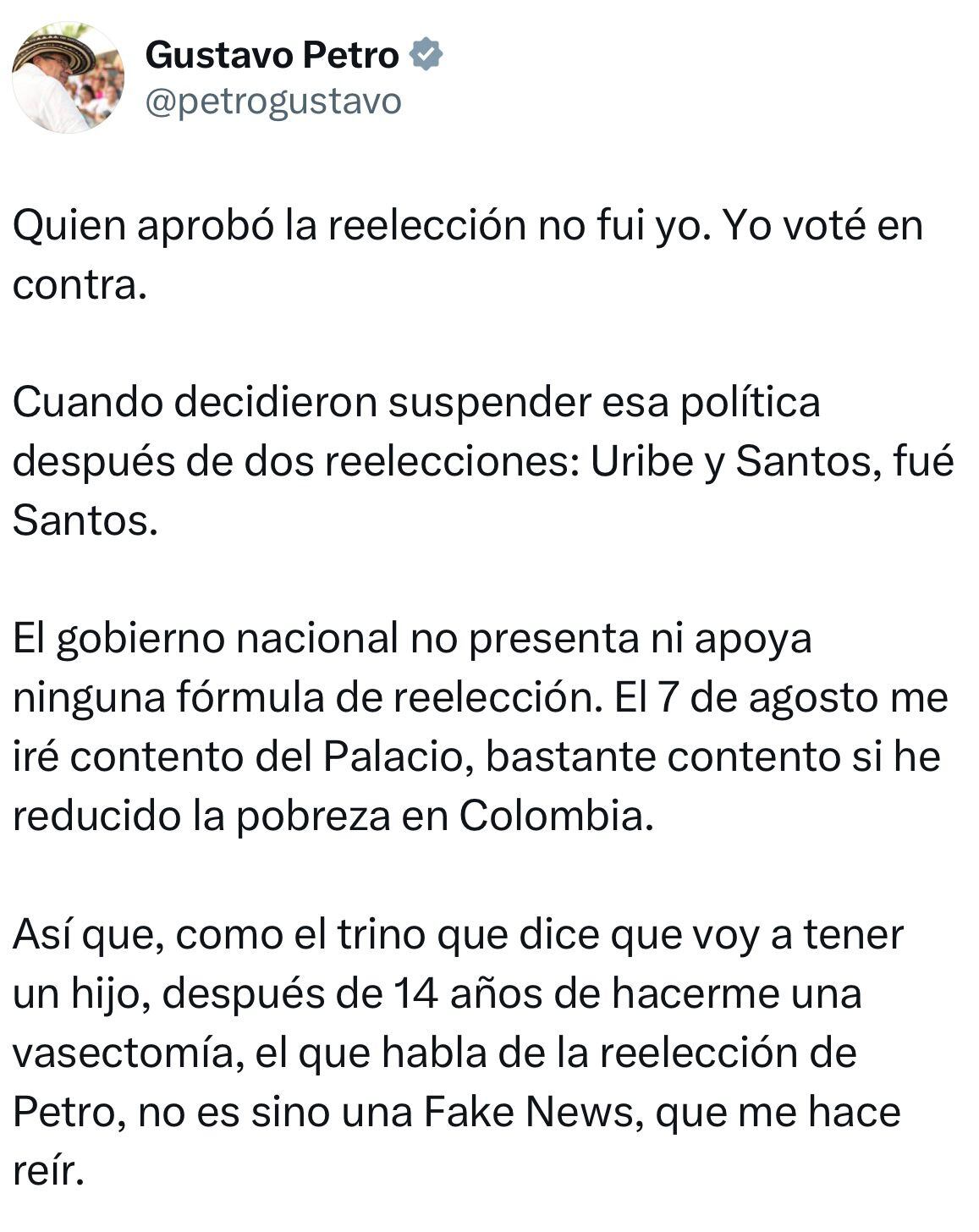 Gustavo Petro aclara al país su posición sobre la reelección
