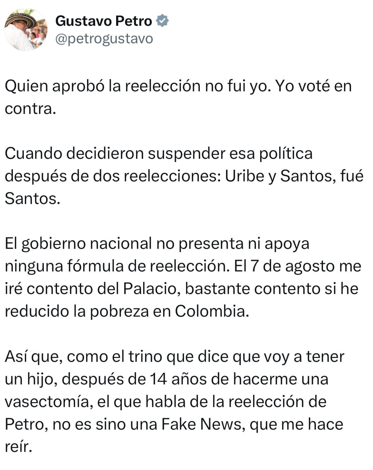 Gustavo Petro aclara al país su posición sobre la reelección