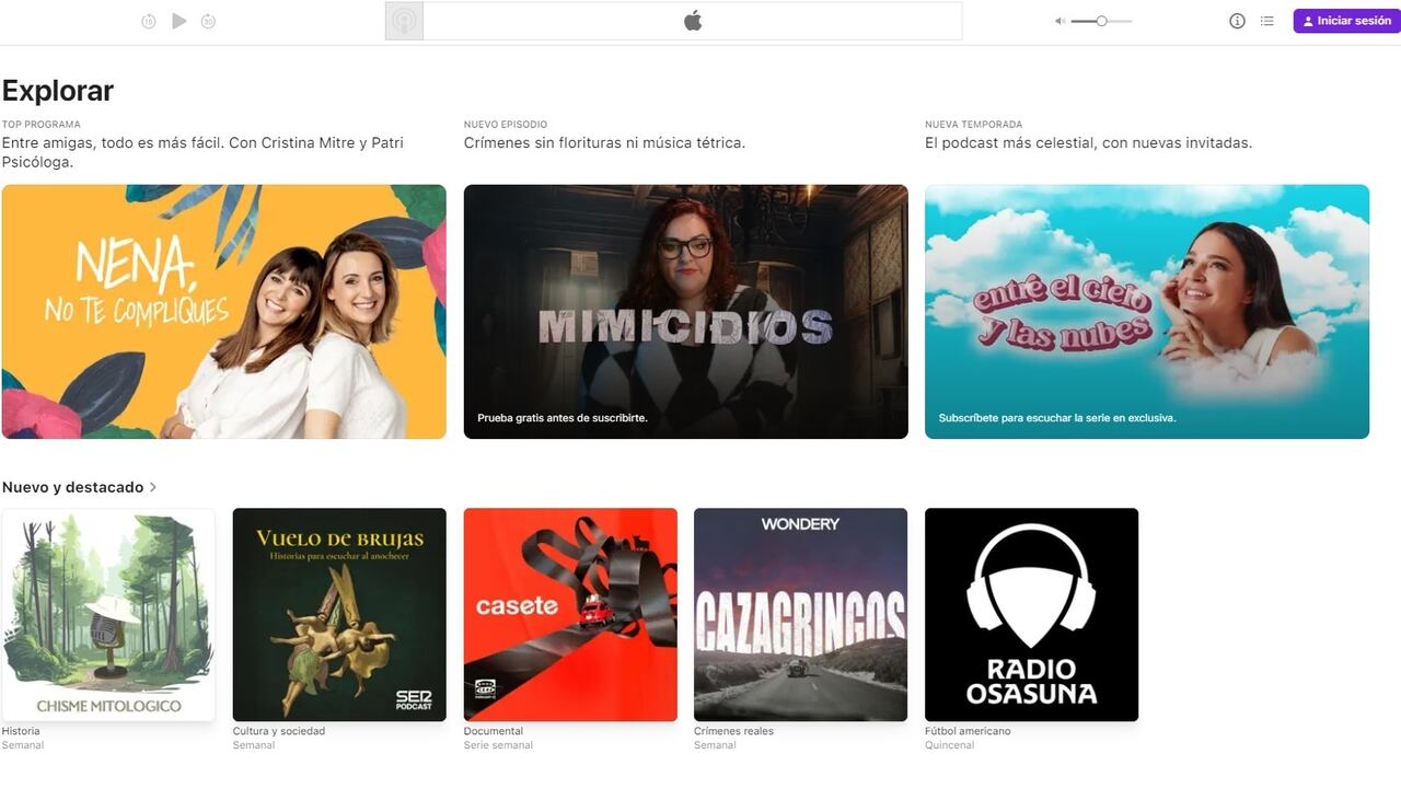 Interfaz de Explorar de la web de Apple Podcasts
APPLE
20/8/2024