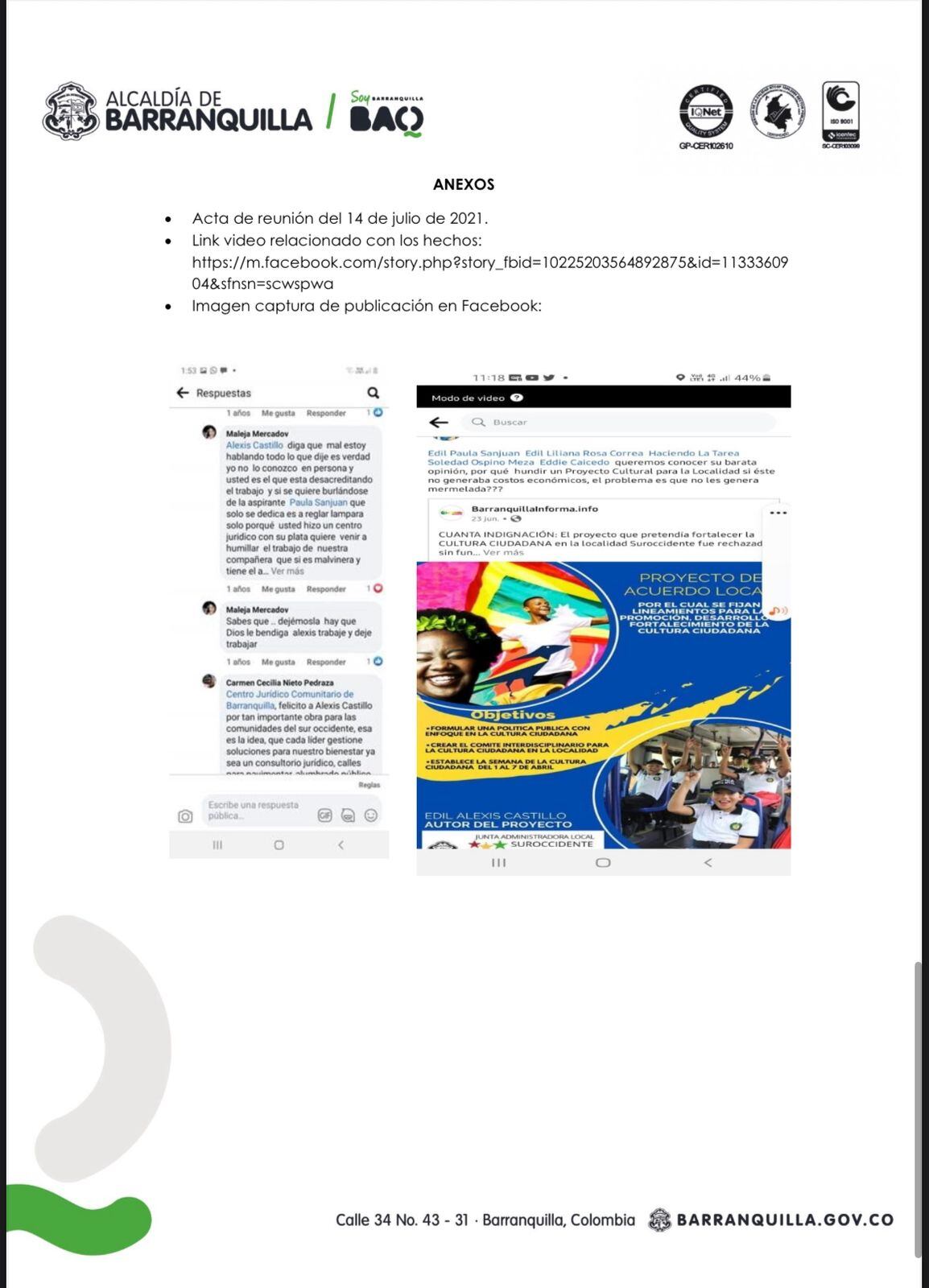 Anexos de las presuntas agresiones que realizaba el actual concejal Alexis Castillo, entonces edil.