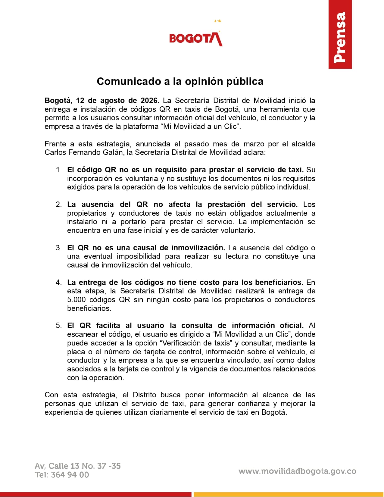 Comunicado Secretaría de Movilidad