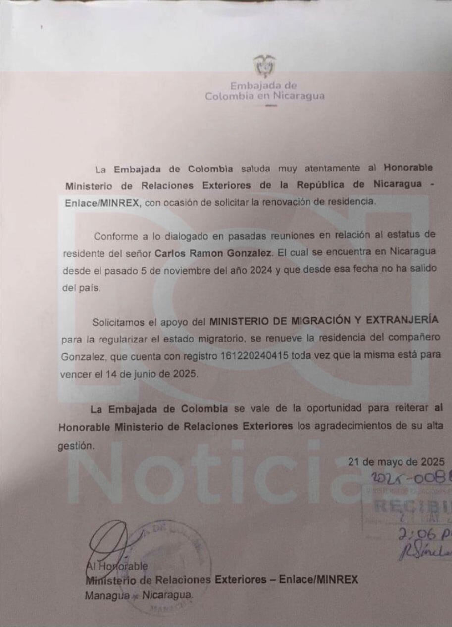 Petición de la solicitud de Colombia en Nicaragua sobre el caso de Carlos Ramón González.