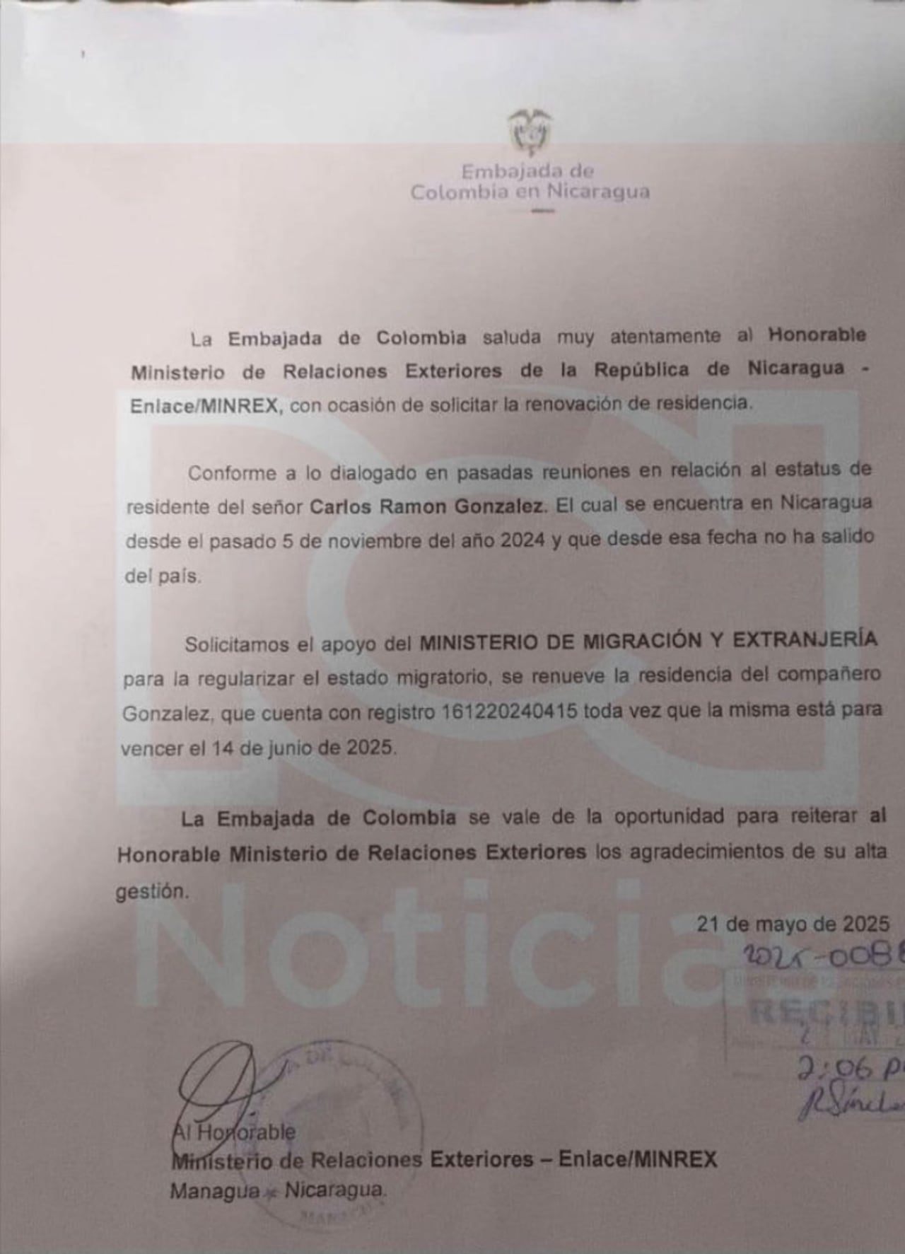 Petición de la solicitud de Colombia en Nicaragua sobre el caso de Carlos Ramón González.