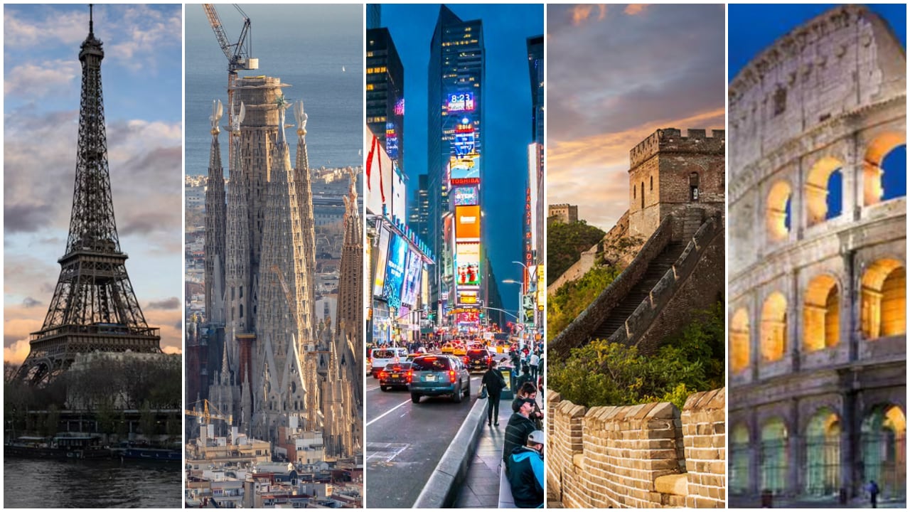 De izquierda a derecha: La Torre Eiffel (Francia), La Sagrada Familia (España), Times Square (Estados Unidos), La Gran Muralla China (China) y El Coliseo Romano (Italia)