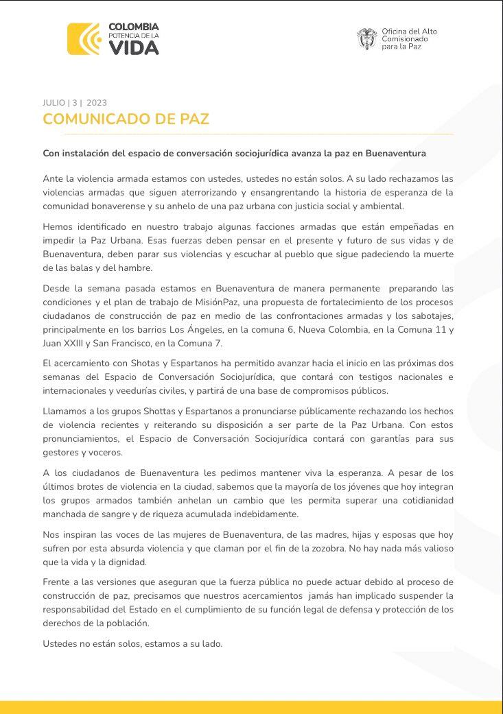 Comunicado oficial del Alto Comisionado para la Paz.