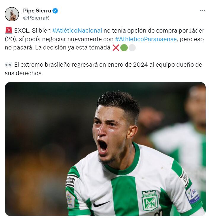Jáder Gentil saldrá de Atlético Nacional, según Felipe Sierra