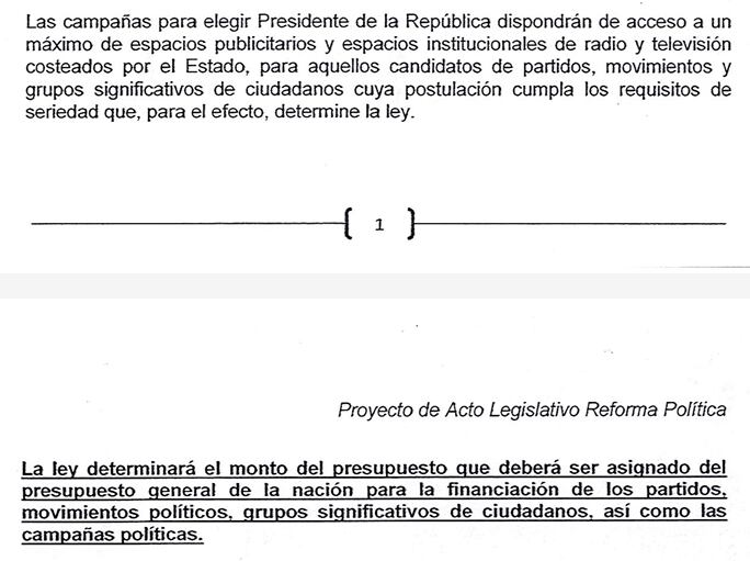 Proyecto acto legislativo que eliminaba del articulo 109 de la Constitución las sanciones por violación de topes.