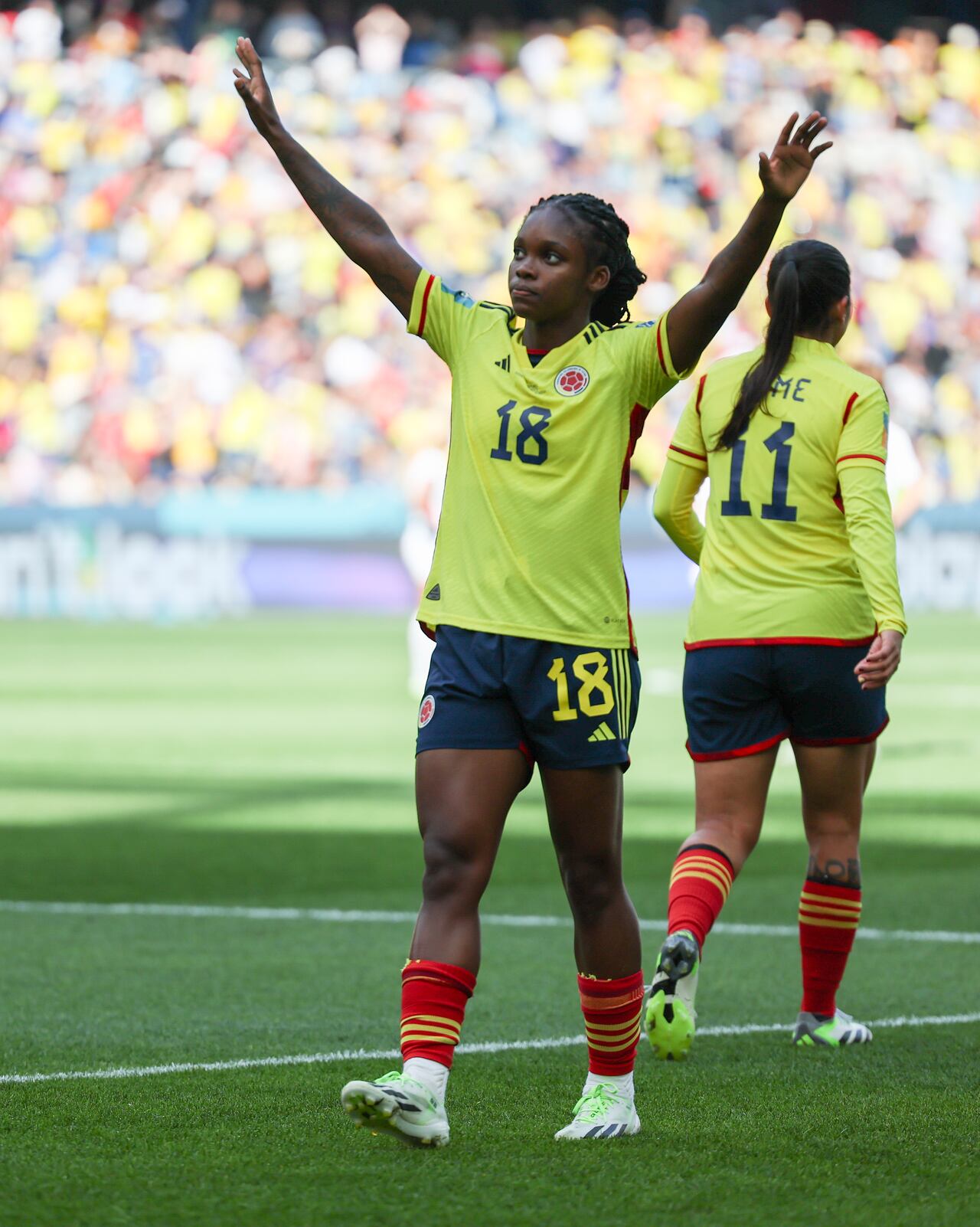 Colombia's Linda Caicedo reacts after scoring her first goal during the Women's World Cup Group H soccer match between Colombia and South Korea at Sydney Football Stadium in Sydney, Australia, Tuesday, July 25, 2023. (AP Photo/Sophie Ralph)