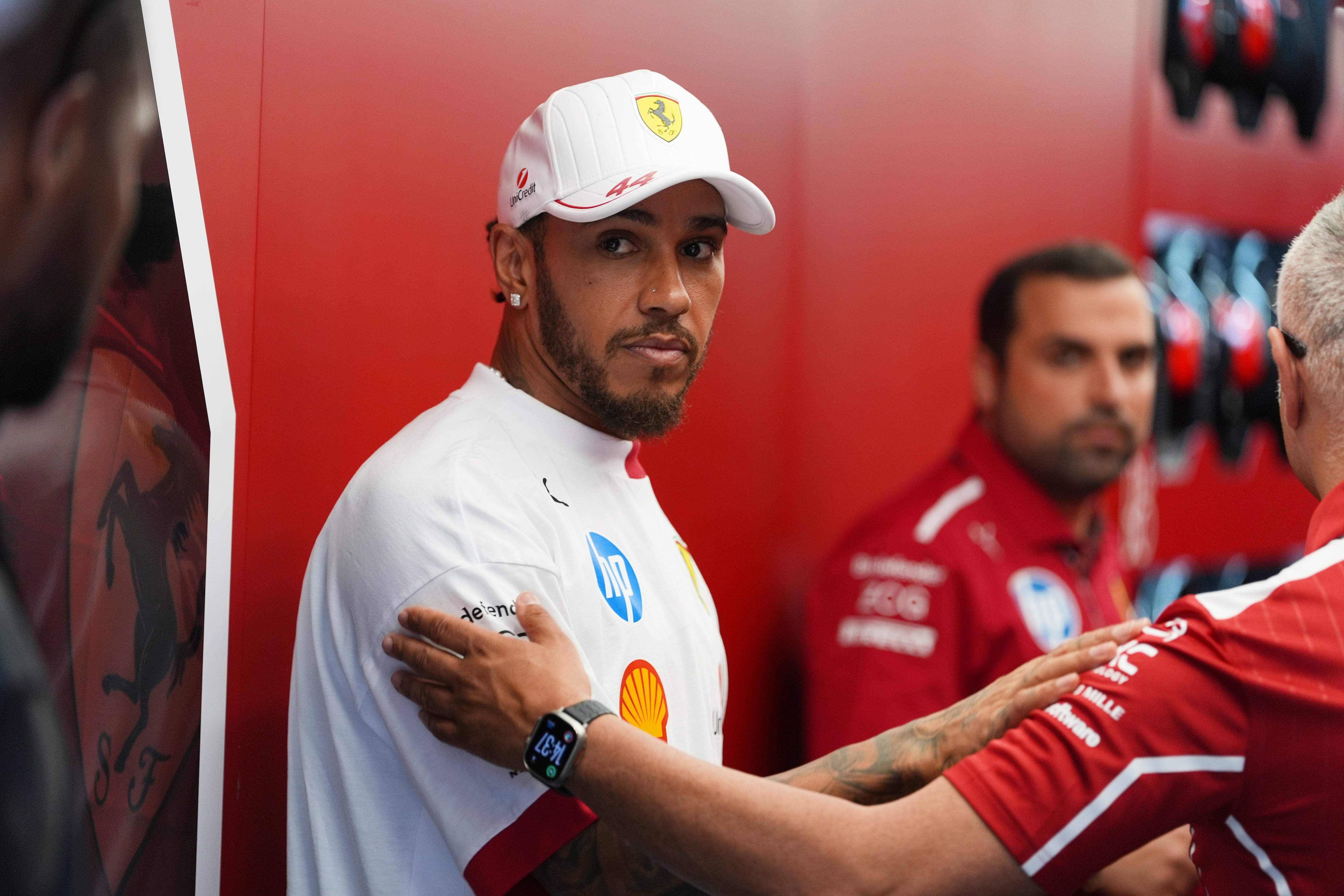 Ferrari driver Lewis Hamilton of Britain prepares to compete before the Formula One Miami Grand Prix auto race Sunday, May 4, 2025, in Miami Gardens. Fla. (AP Photo/Rebecca Blackwell)