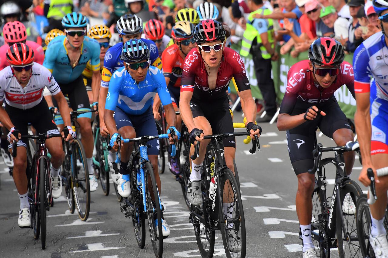 LA PLANCHE, FRANCE - JULY 11: Thibaut Pinot of France and Team Groupama-FDJ / Egan Bernal of Colombia and Team INEOS / Geraint Thomas of United Kingdom and Team INEOS / Nairo Quintana of Colombia and Movistar Team / Richie Porte of Australia and Team Trek-Segafredo / Planche des Belles Filles (1140m)/ during the 106th Tour de France 2019, Stage 6 a 160,5km stage from Mulhouse to La Planche des Belles Filles 1140m/ TDF / #TDF2019 / @LeTour / on July 11, 2019 in La Planche, France. (Photo by Bernard Papon-Pool/Getty Images)