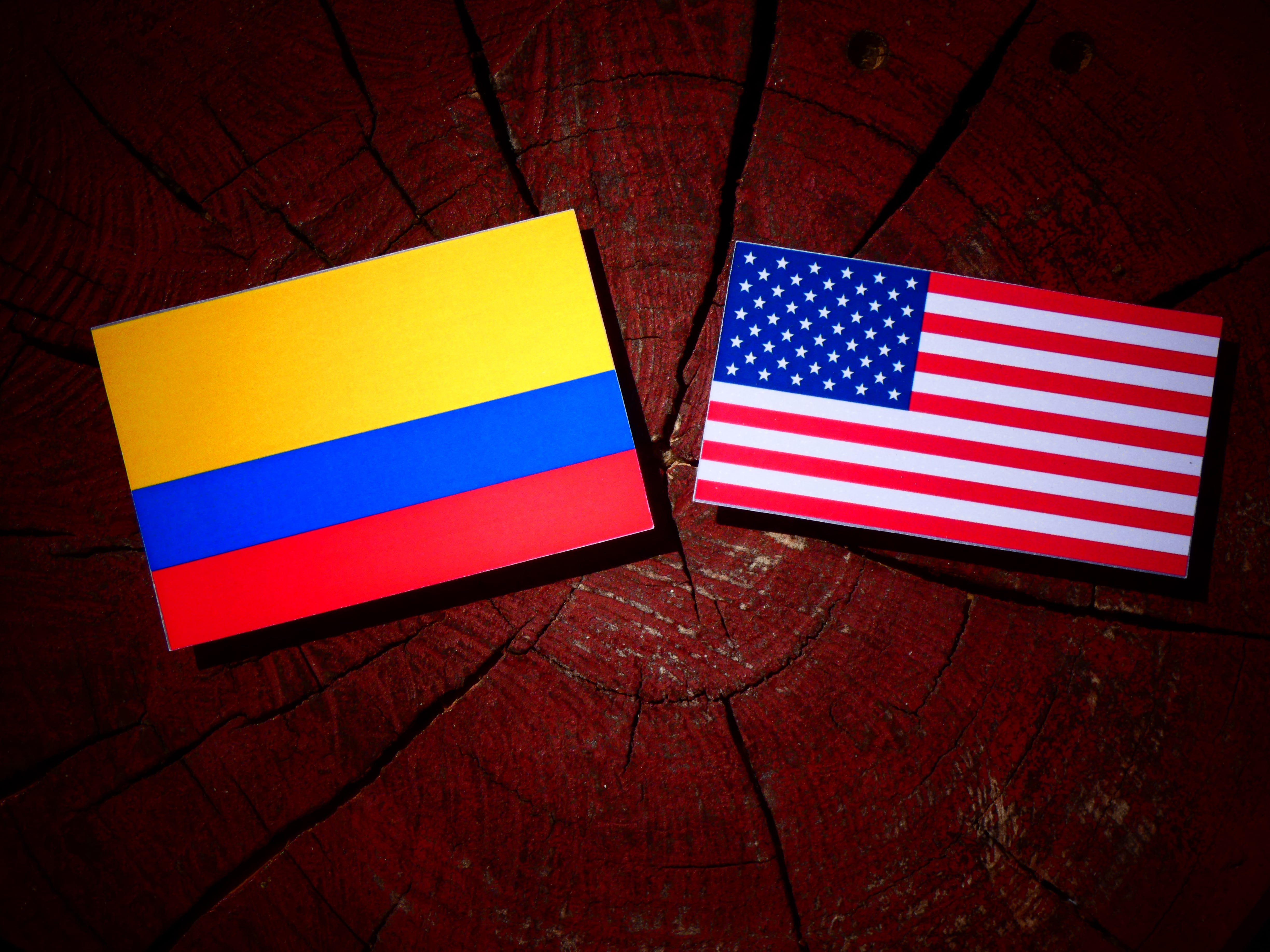 Colombian flag with USA flag on a tree stump isolated