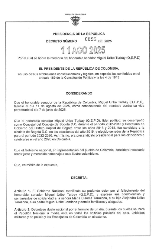 Decreto Gobierno duelo nacional por la muerte de Miguel Uribe Turbay