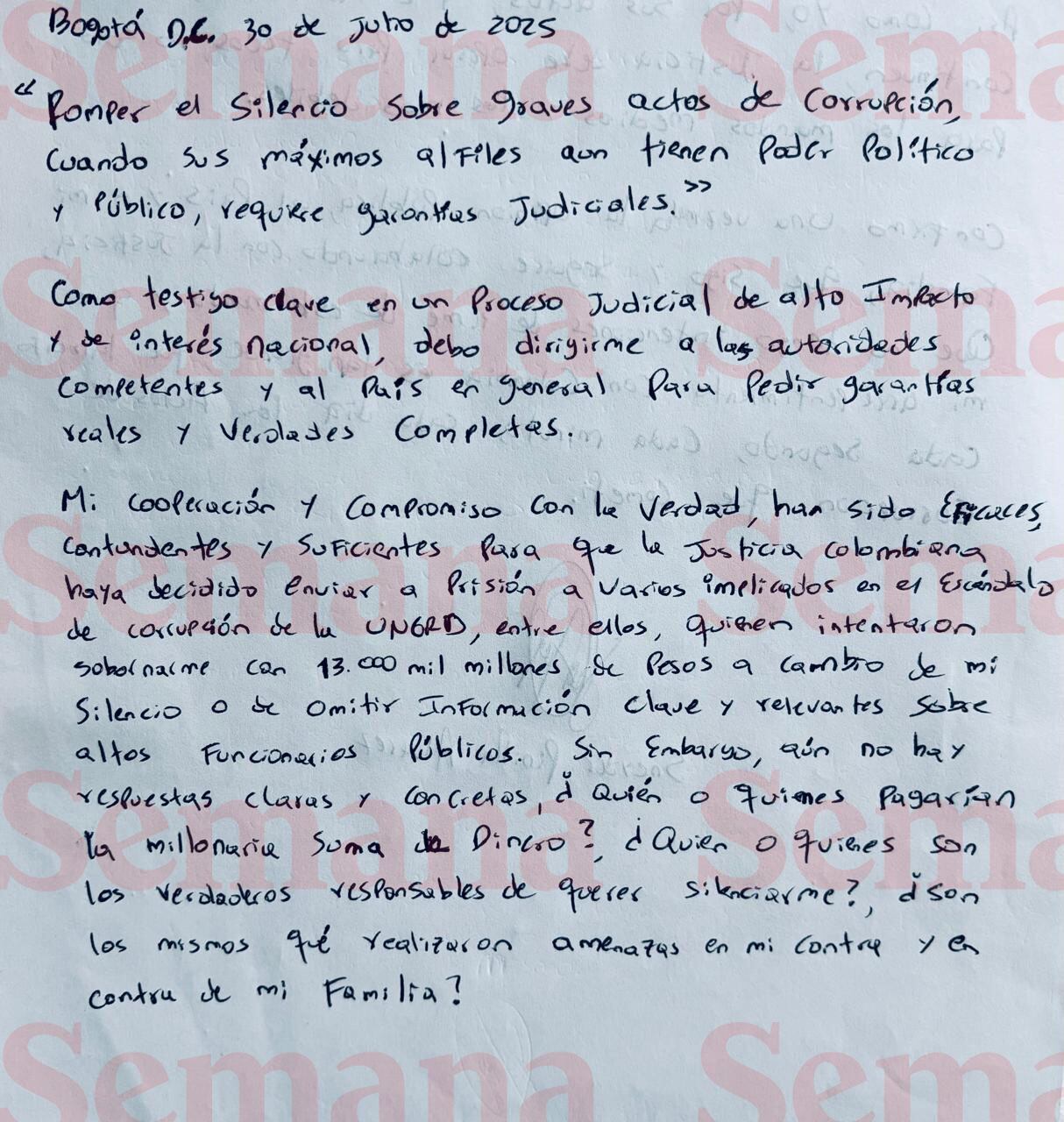 Sneyder Pinilla desde la cárcel, carta.