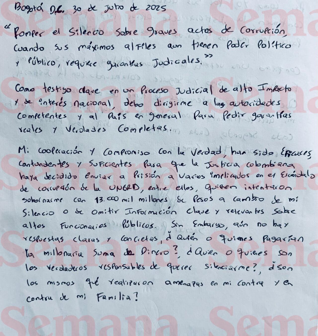 Sneyder Pinilla desde la cárcel, carta.