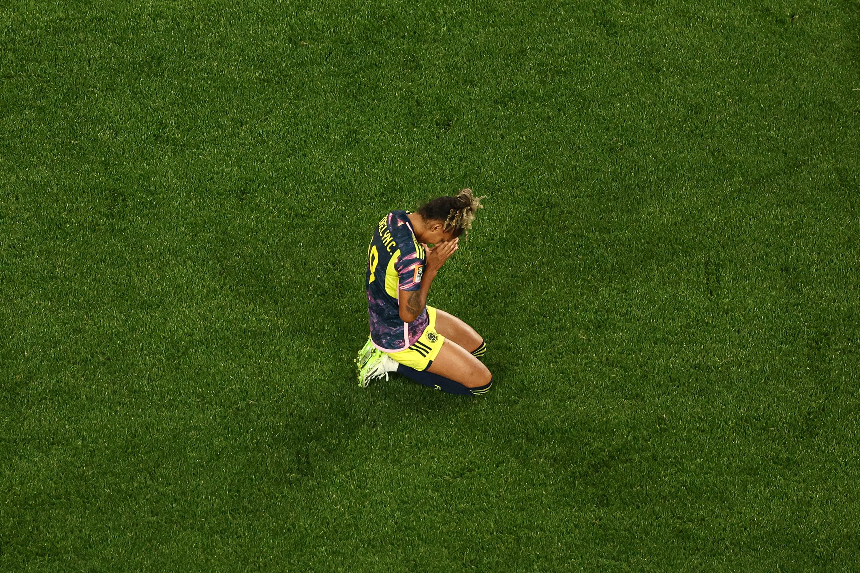 Colombia's midfielder #19 Jorelyn Carabali reacts at the end of the Australia and New Zealand 2023 Women's World Cup quarter-final football match between Colombia and England at Stadium Australia in Sydney on August 12, 2023. (Photo by DAVID GRAY / AFP)