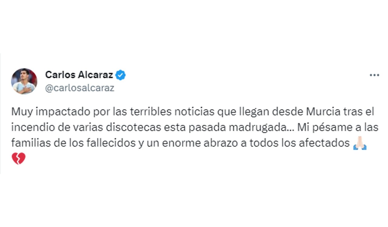El tenista español Carlos Alcaraz también se manifestó ante la tragedia ocurrida en Murcia, España