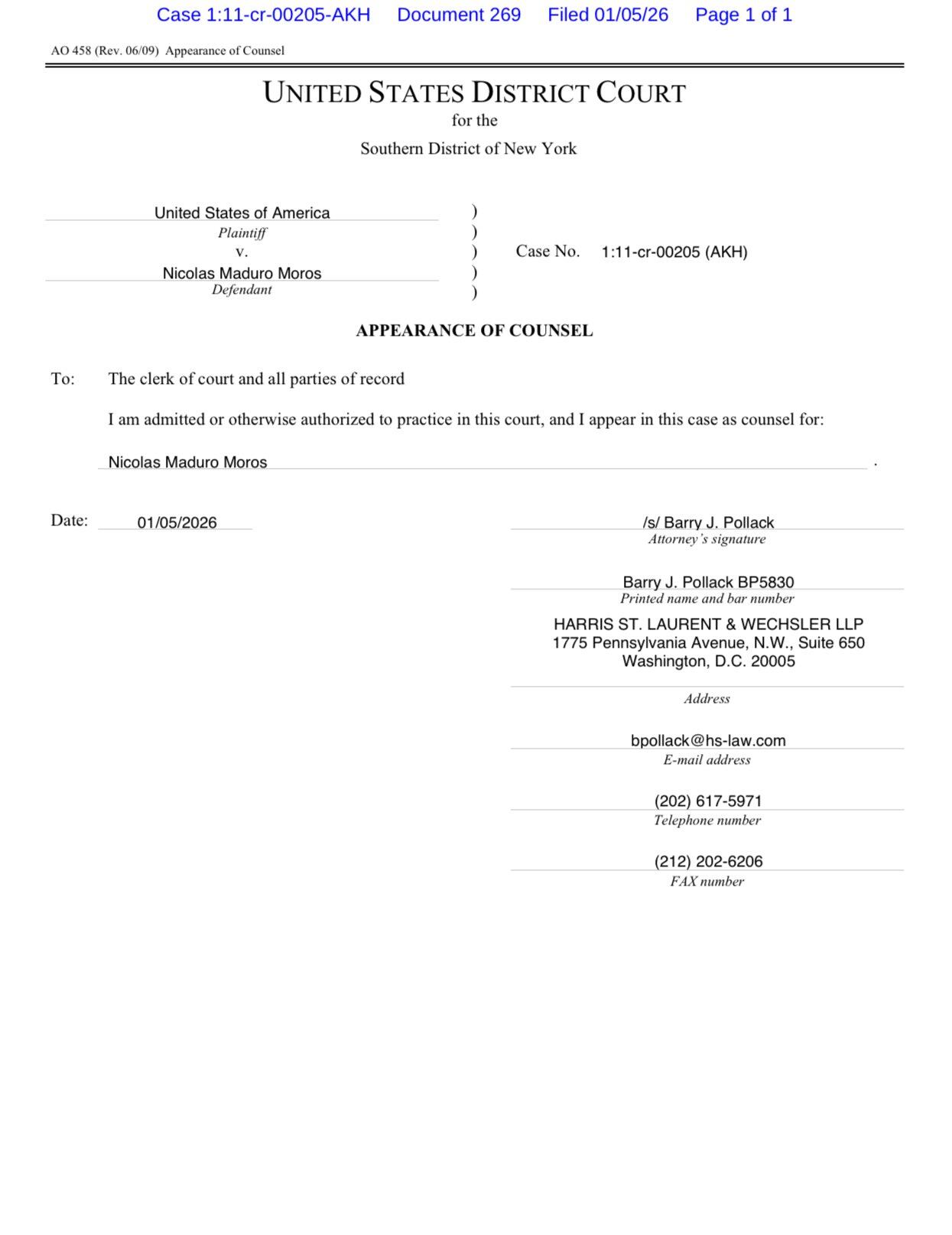 Presentación del abogado de Nicolas Maduro