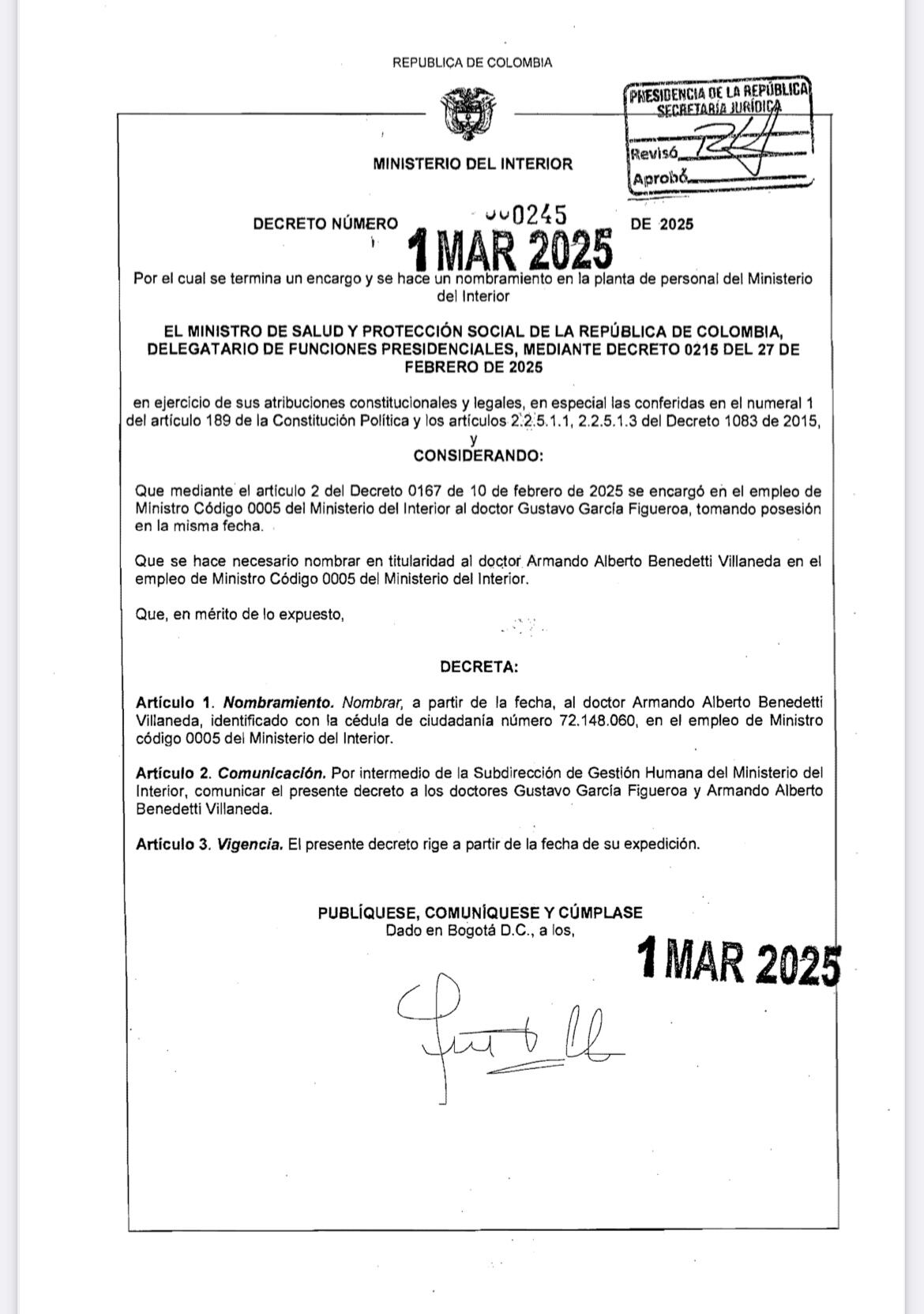 Decreto Armando Benedetti como nuevo ministro del Interior