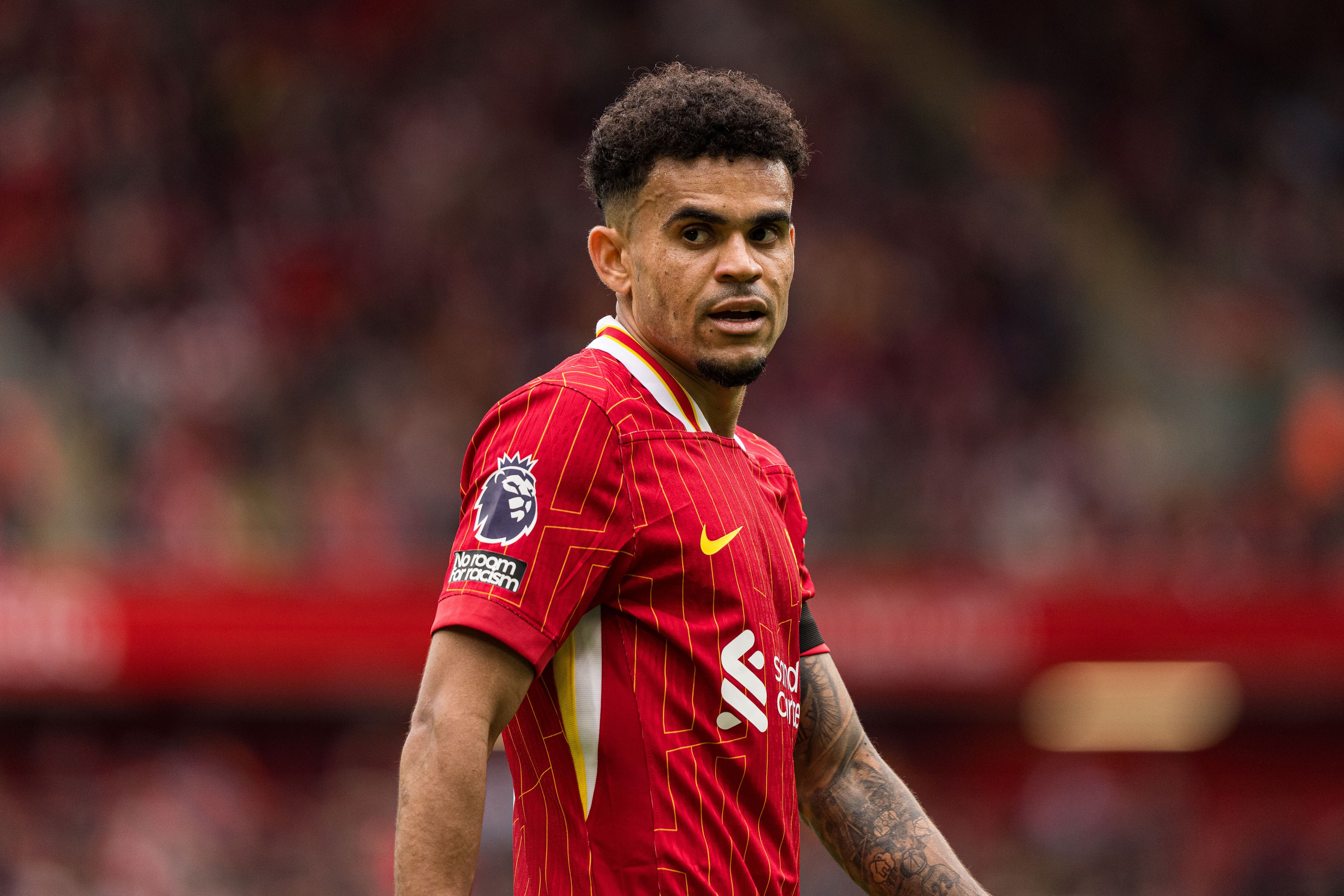 Liverpool's Luis Diaz plays during the Premier League match between Liverpool and West Ham United at Anfield in Liverpool, England, on April 13, 2025. (Photo by Steven Halliwell | MI News/NurPhoto via Getty Images)