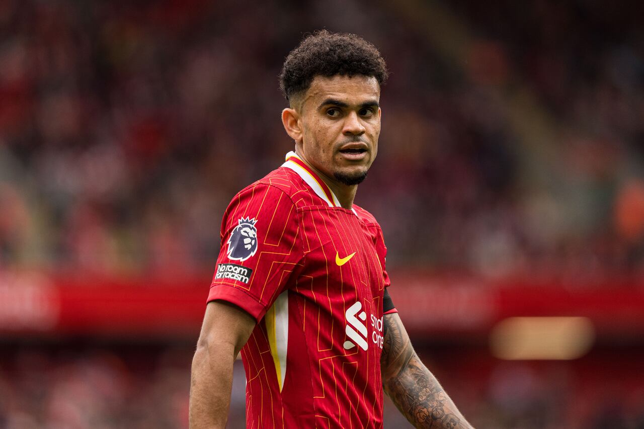 Liverpool's Luis Diaz plays during the Premier League match between Liverpool and West Ham United at Anfield in Liverpool, England, on April 13, 2025. (Photo by Steven Halliwell | MI News/NurPhoto via Getty Images)