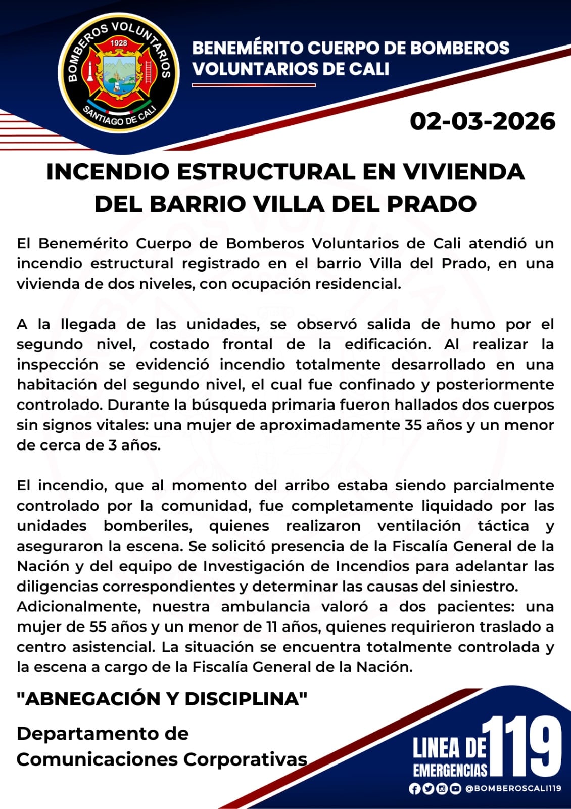 Comunicado del Cuerpo de Bomberos de Cali.