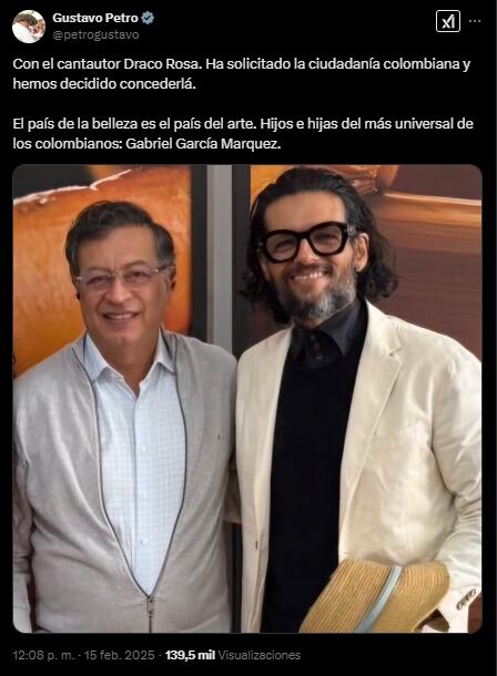 Draco Rosa fue reconocido con la nacionalidad colombiana, como anunció Gustavo Petro en redes sociales.
