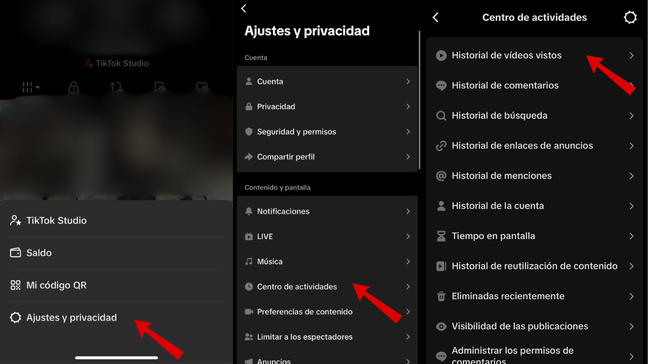 El recorrido para revisar los videos vistos en TikTok inicia en el perfil y culmina en el historial del centro de actividades.