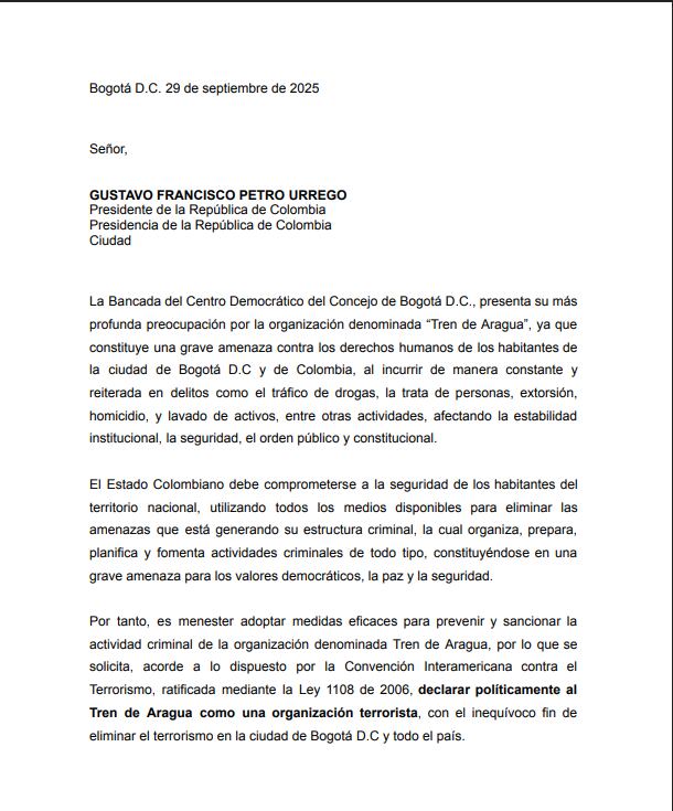 Carta de la bancada del Centro Democrático del Concejo de Bogotá al presidente Petro.
