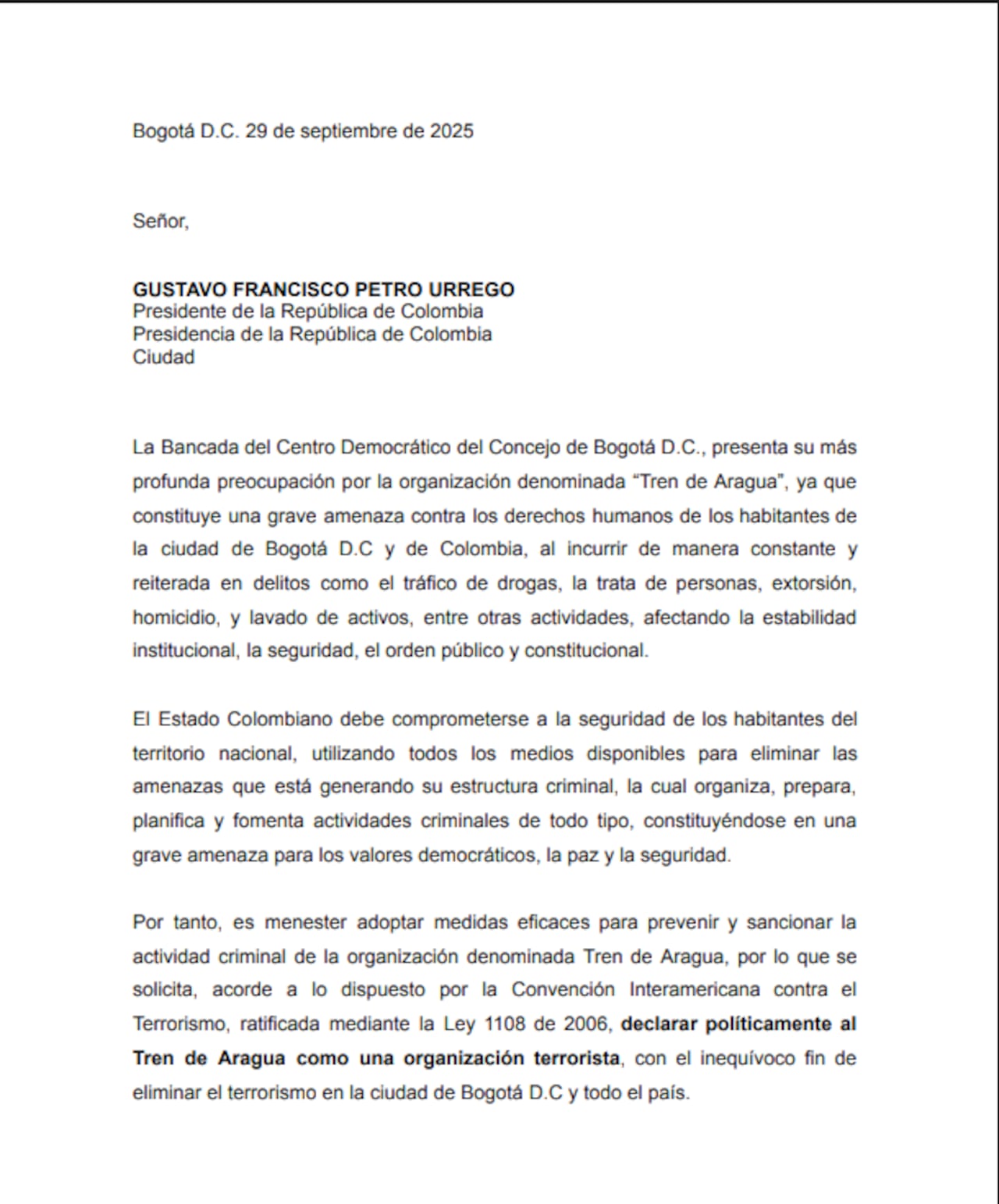 Carta de la bancada del Centro Democrático del Concejo de Bogotá al presidente Petro.