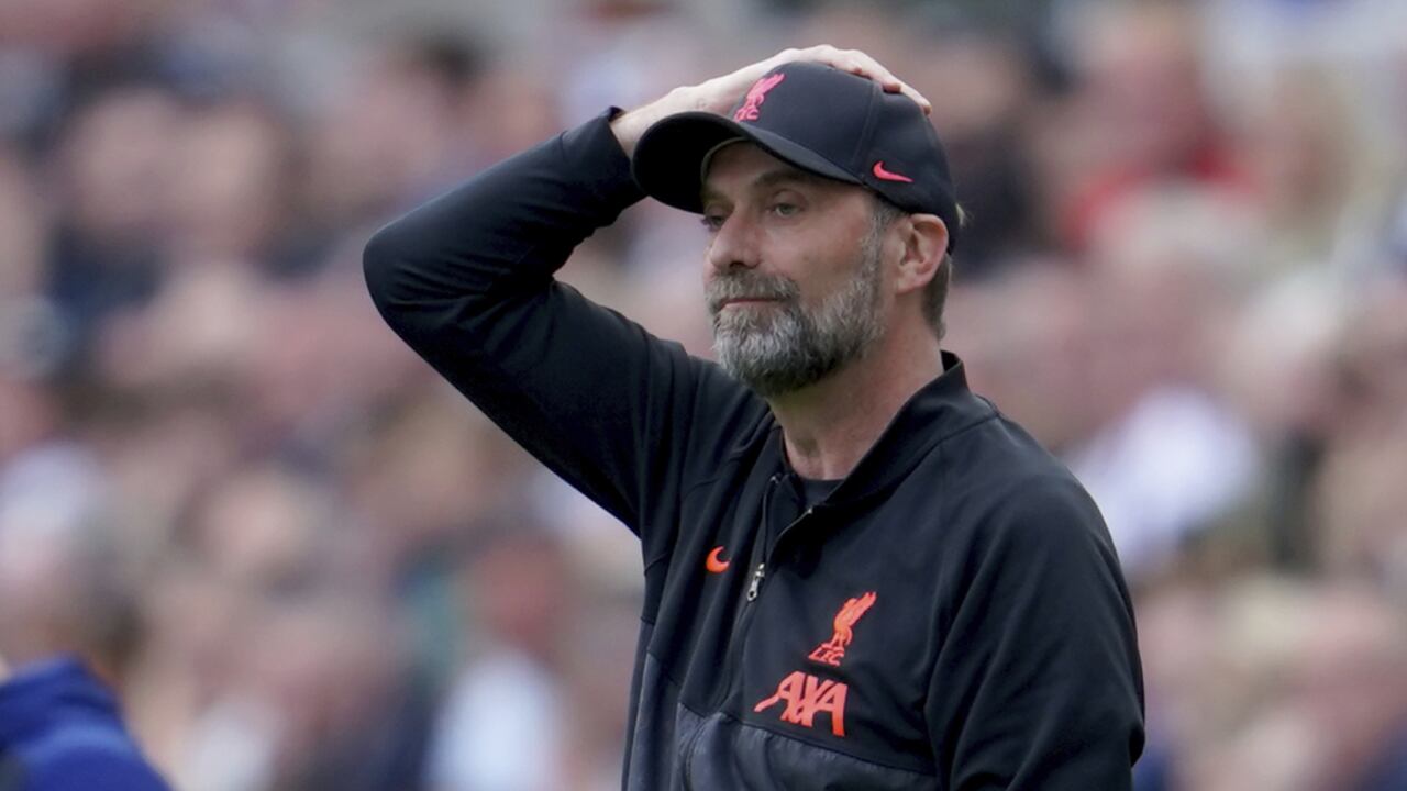 Liverpool's manager Jurgen Klopp reacts during the English Premier League soccer match between Newcastle United and Liverpool at St. James' Park stadium in Newcastle, England, Saturday, April 30, 2022. (AP/Jon Super)