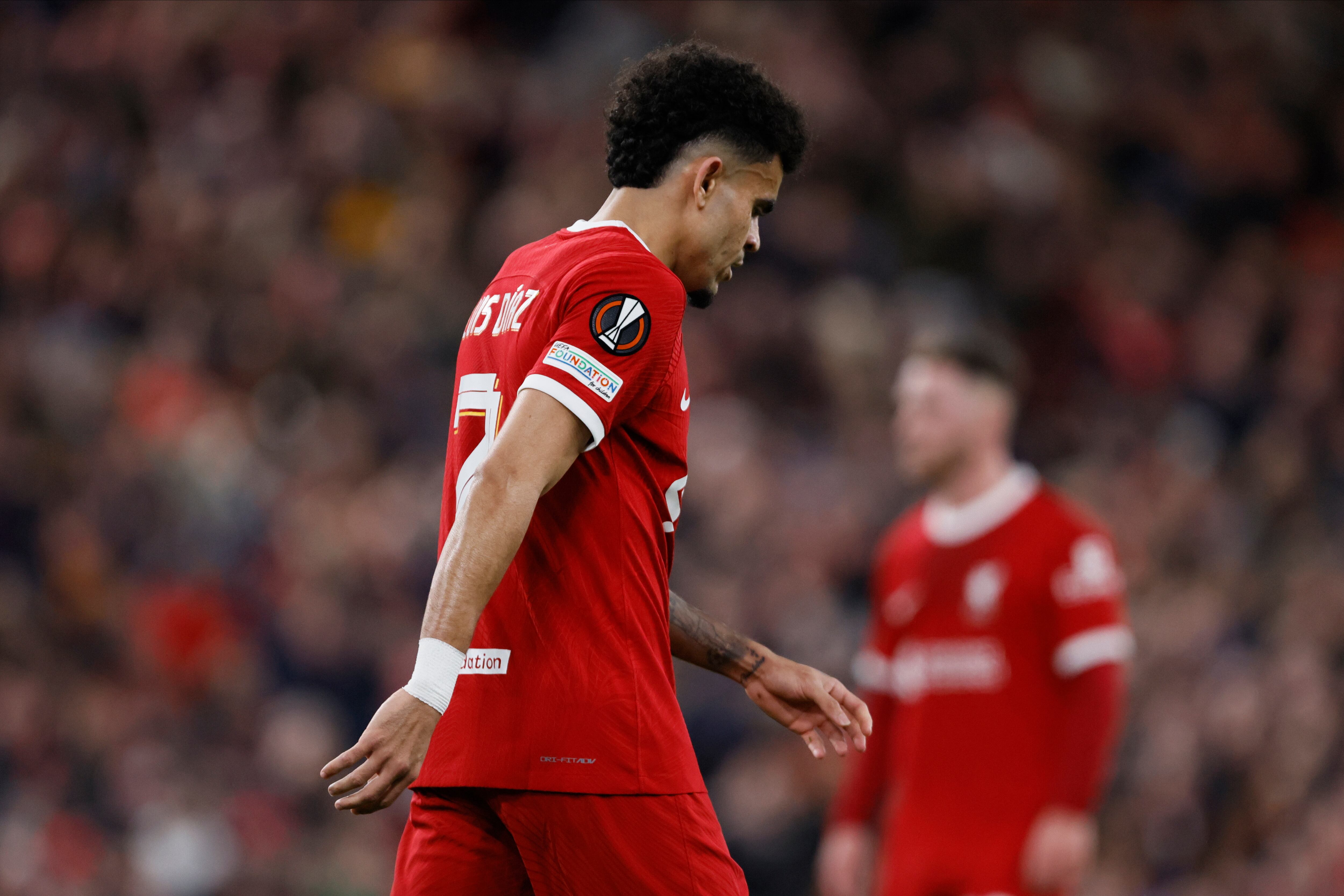 LIVERPOOL, ENGLAND - APRIL 11: Luis Diaz of Liverpool looks dejected during the UEFA Europa League 2023/24 Quarter-Final first leg match between Liverpool FC and Atalanta at Anfield on April 11, 2024 in Liverpool, England. (Photo by Richard Sellers/Sportsphoto/Allstar via Getty Images)