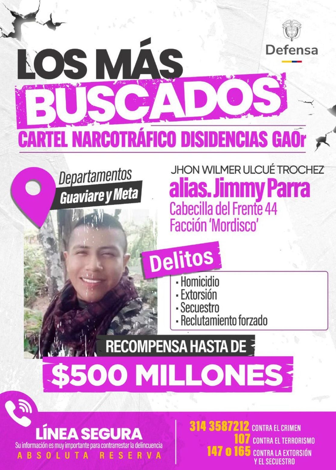 Millonaria recompensa por alias Jimmy de las disidencias de las Farc.