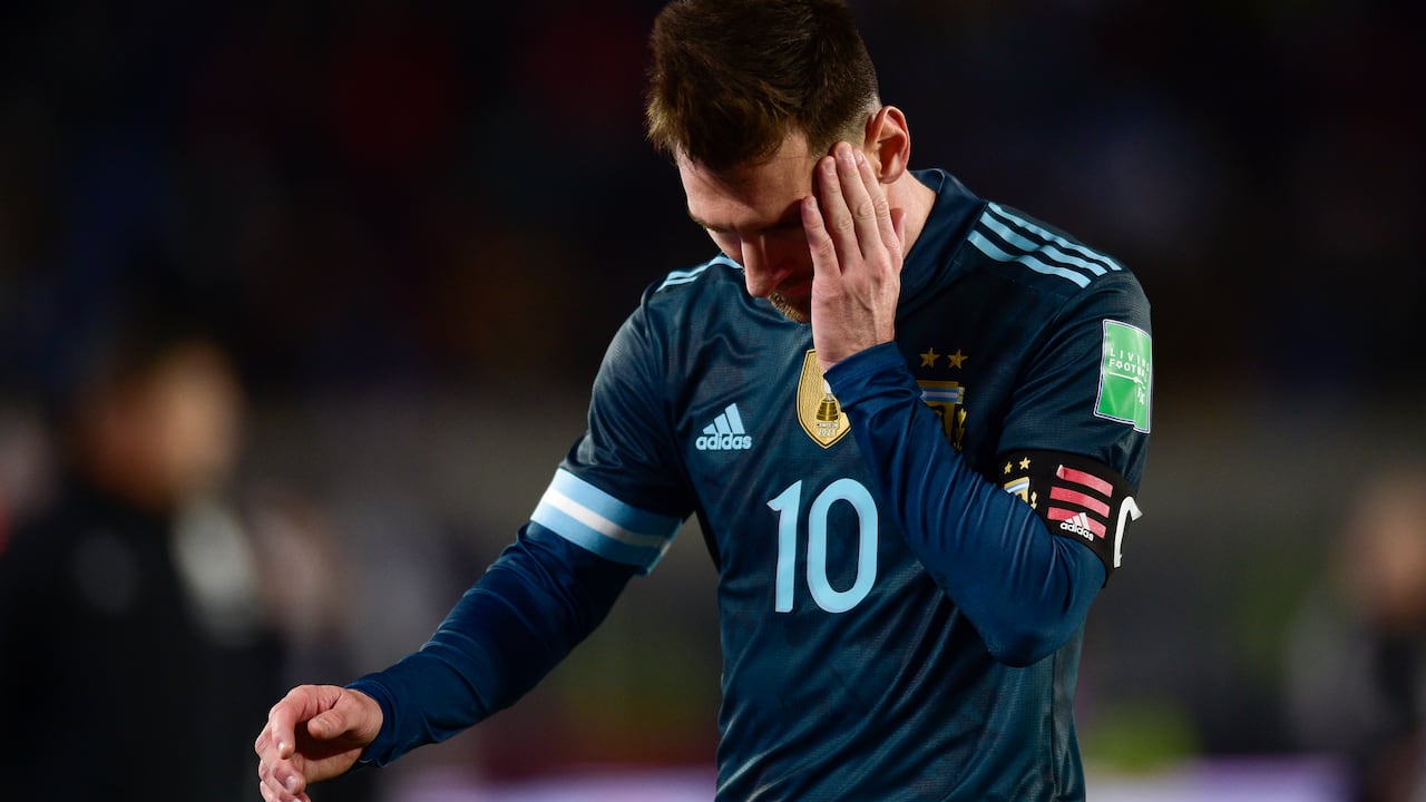 Argentina's Lionel Messi lives the field in the half time of a qualifying soccer match for the FIFA World Cup Qatar 2022 against Peru in Buenos Aires, Argentina, Thursday, Oct. 14, 2021. (AP Photo/Gustavo Garello)