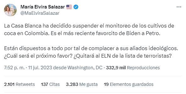 Trino de María Elvira Salazar sobre suspensión del monitoreo de drogas