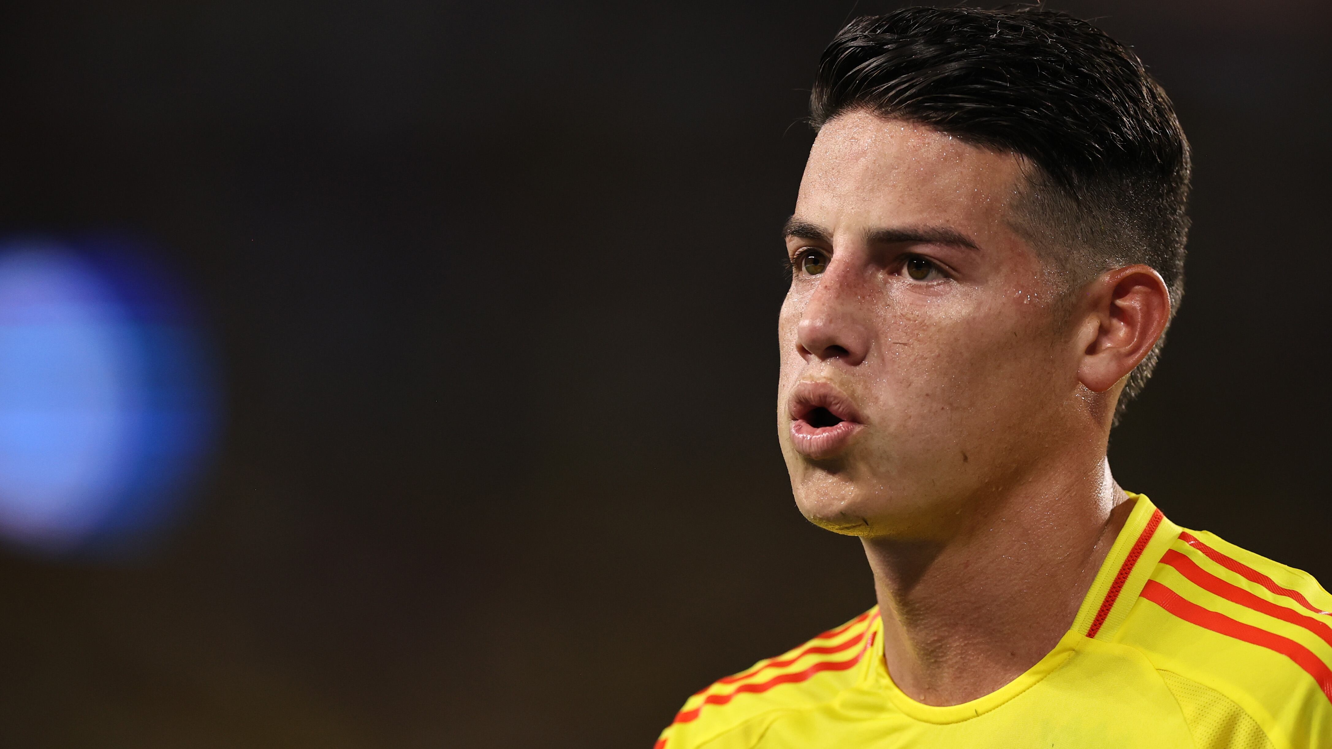MIAMI GARDENS, FLORIDA - JULY 14: James Rodriguez of Colombia gestures during the CONMEBOL Copa America 2024 Final match between Argentina and Colombia at Hard Rock Stadium on July 14, 2024 in Miami Gardens, Florida. (Photo by Omar Vega/Getty Images)