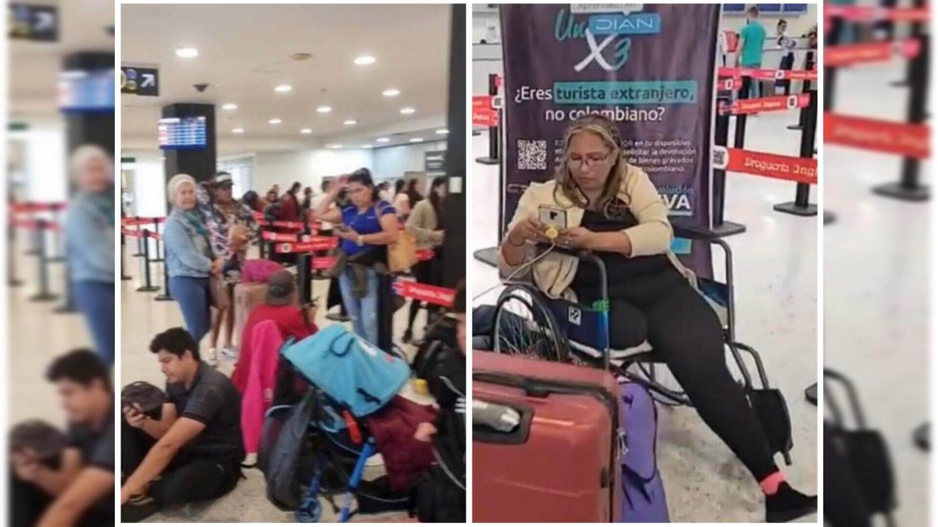 Niños en coches y mujeres con discapacidad esperan respuesta ante esta crisis aeroportuaria.