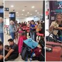 Niños en coches y mujeres con discapacidad esperan respuesta ante esta crisis aeroportuaria.