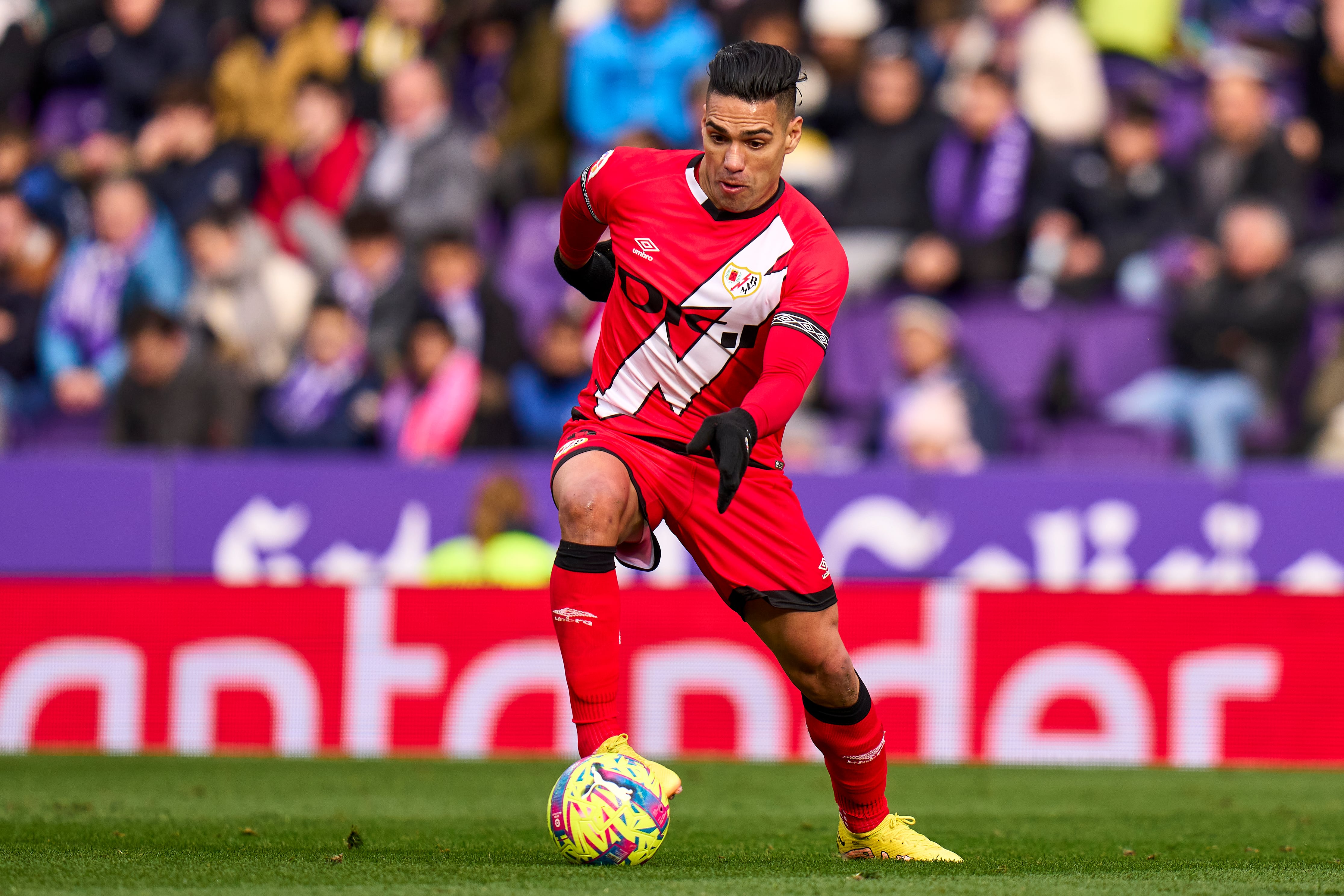 VALLADOLID, SPAIN - JANUARY 14: Radamel Falcao of Rayo Vallecano runs with the ball during the LaLiga Santander match between Real Valladolid CF and Rayo Vallecano at Estadio Municipal Jose Zorrilla on January 14, 2023 in Valladolid, Spain. (Photo by Getty Images/Diego Souto/Quality Sport Images)