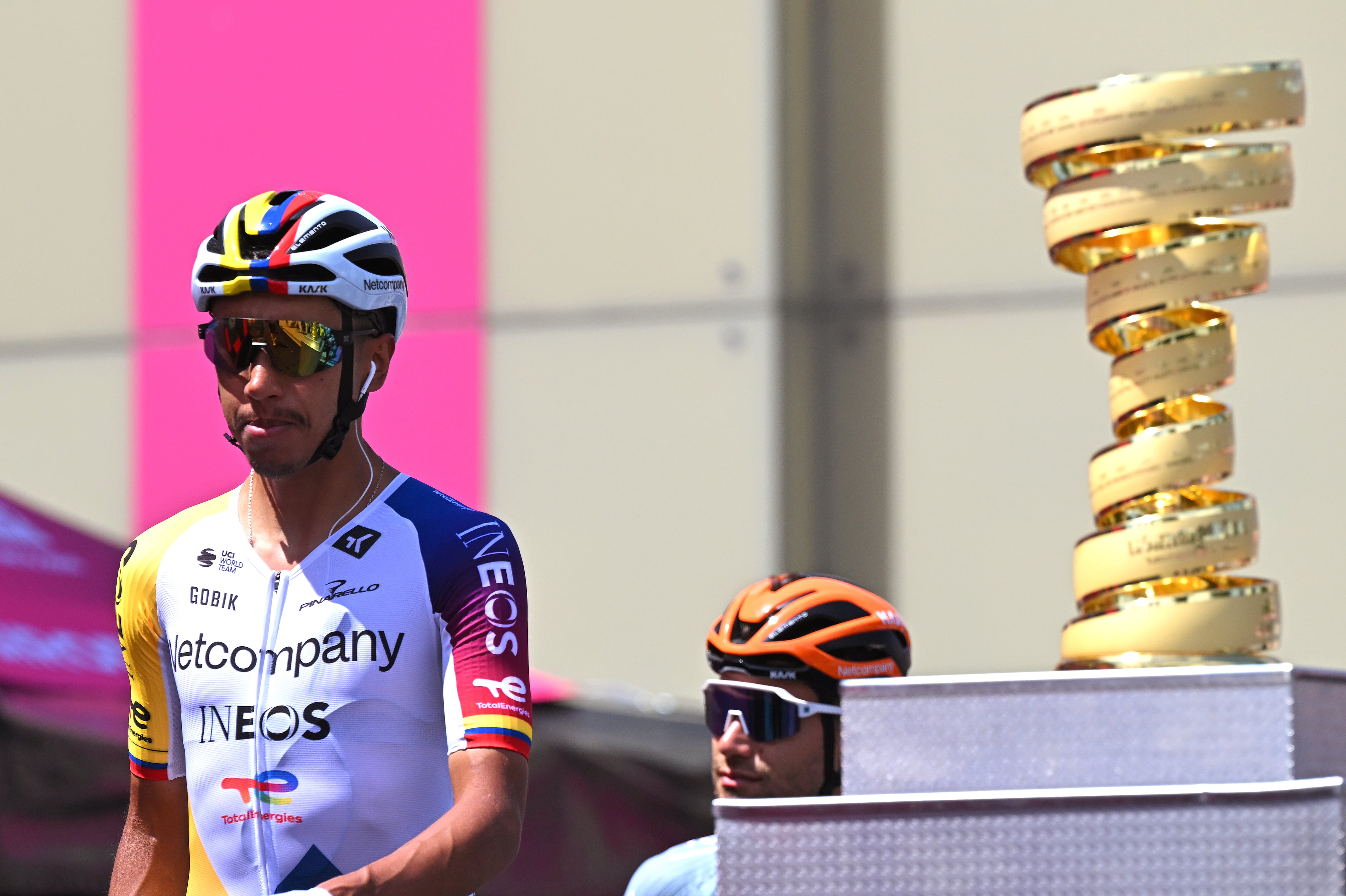 PORCARI, ITALY - MAY 20: Egan Bernal of Colombia and Netcompany INEOS Cycling Team and a view of Trofeo Senza Fine prior to the 109th Giro d'Italia 2026, Stage 11 a 195km stage from Porcari to Chiavari / #UCIWT / on May 20, 2026 in Porcari, Italy. (Photo by Tim de Waele/Getty Images)