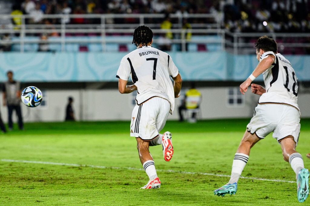 SURAKARTA, INDONESIA - DECEMBER 2: Paris Brunner of Germany celebrates his goal during FIFA U-17 World Cup Final match between Germany and France at Manahan Stadium on December 2, 2023 in Surakarta, Indonesia. (Photo by Marcio Machado/Eurasia Sport Images/Getty Images)
