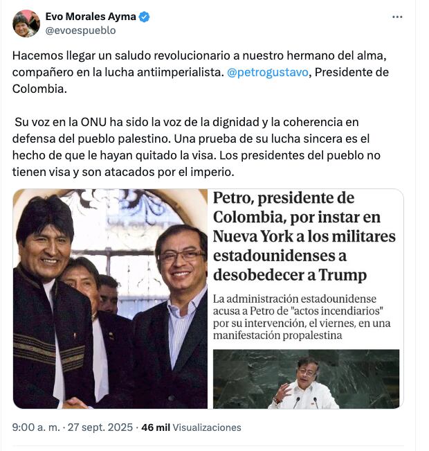 El mensaje de Morales a Petro en X.